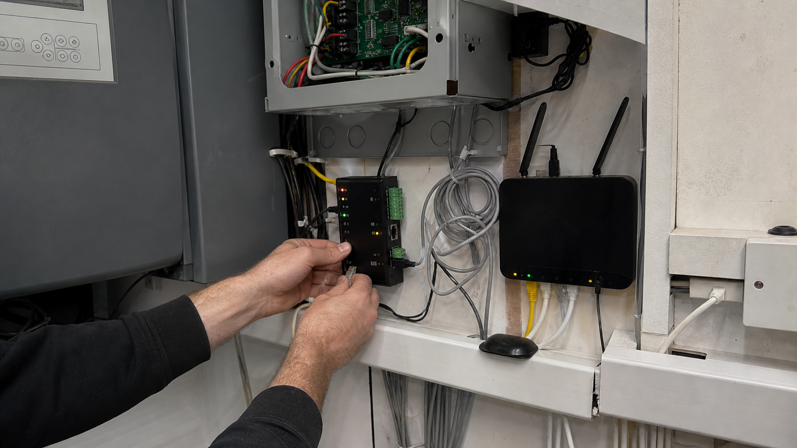Candid phone-style photo of an engineer connecting an alarm signalling communicator