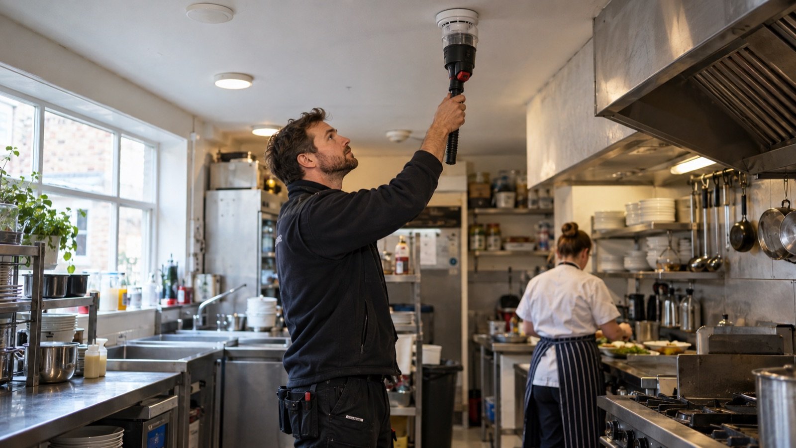 A fire alarm engineer checks a ceiling detector in a café kitchen