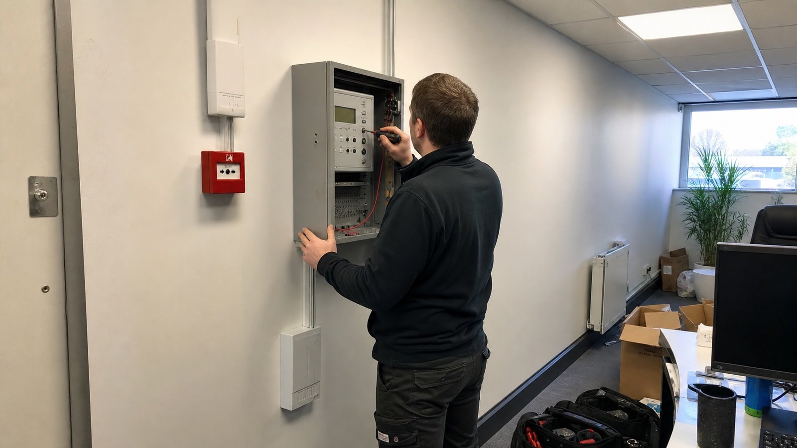 Engineer working on a commercial fire alarm control panel in a UK office