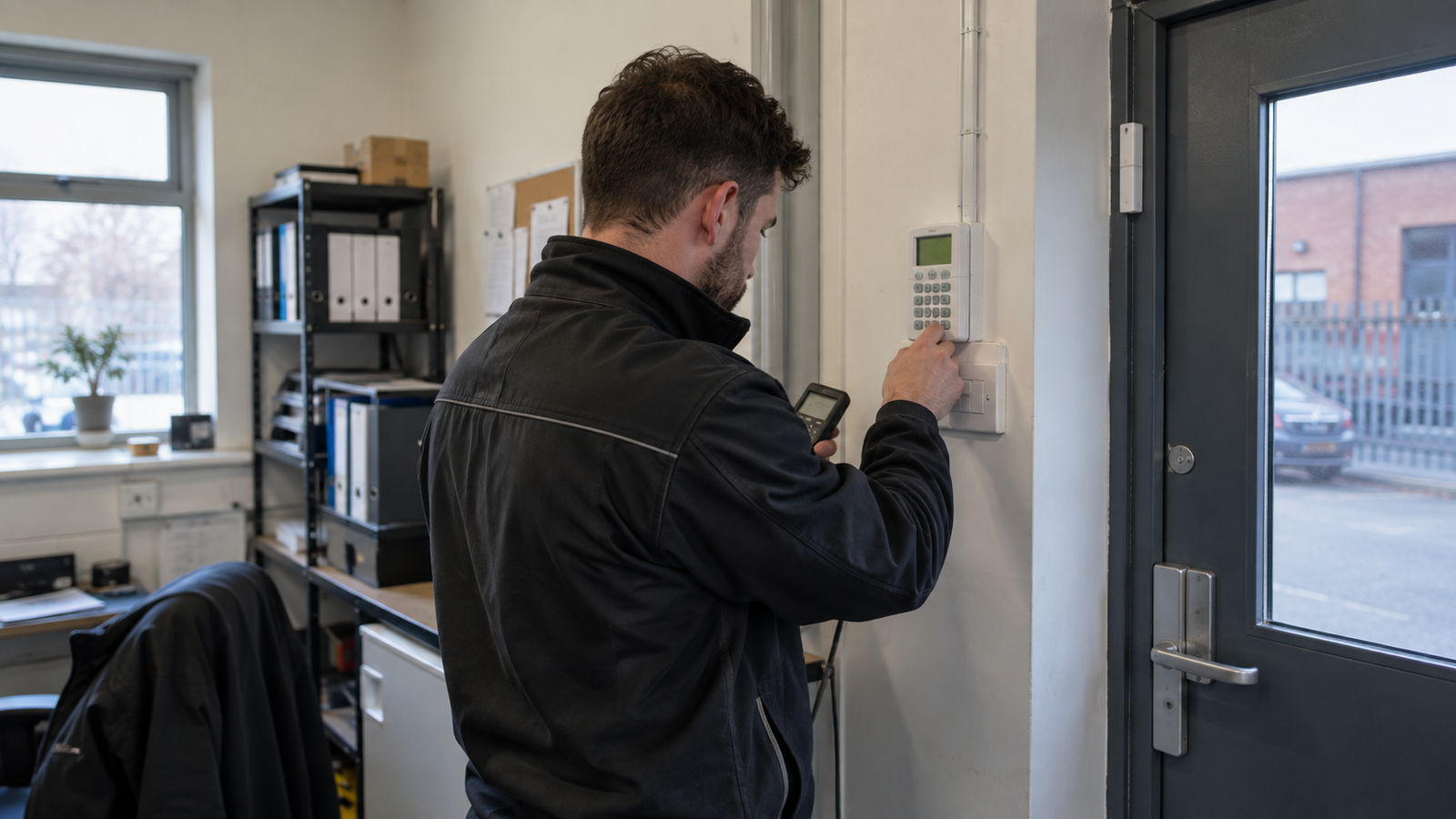 Security engineer checking a commercial intruder alarm keypad in a UK business premises