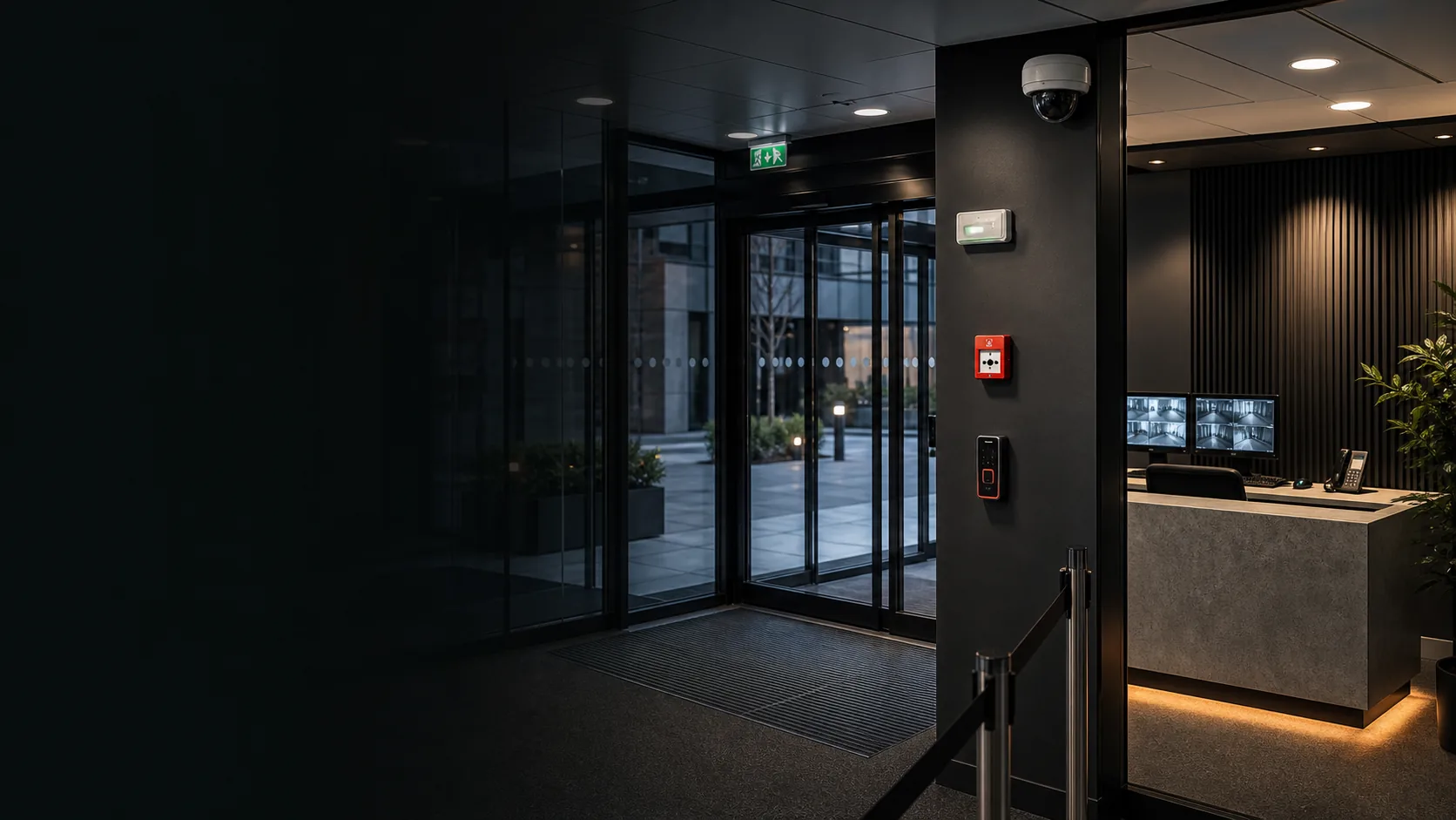 Commercial premises entrance with CCTV, access control, fire alarm call point and security desk