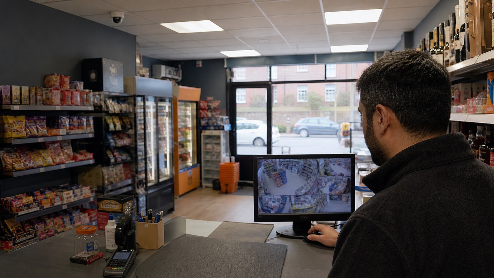 UK shop manager reviewing CCTV footage beneath a ceiling camera