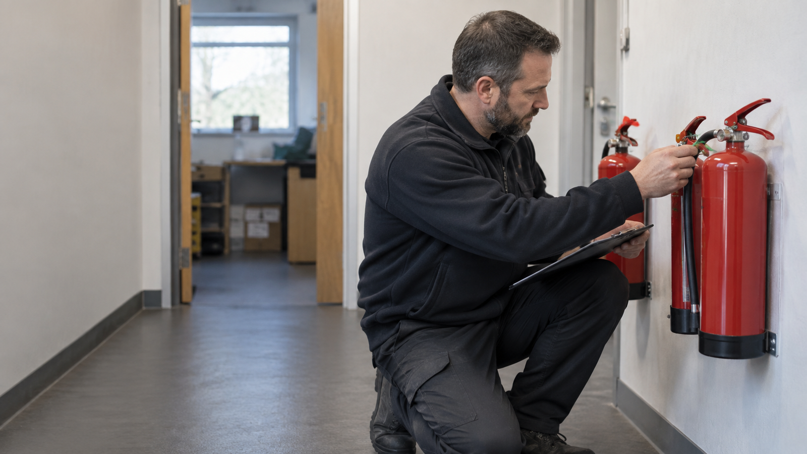 Fire extinguisher engineer inspecting equipment in a UK workplace