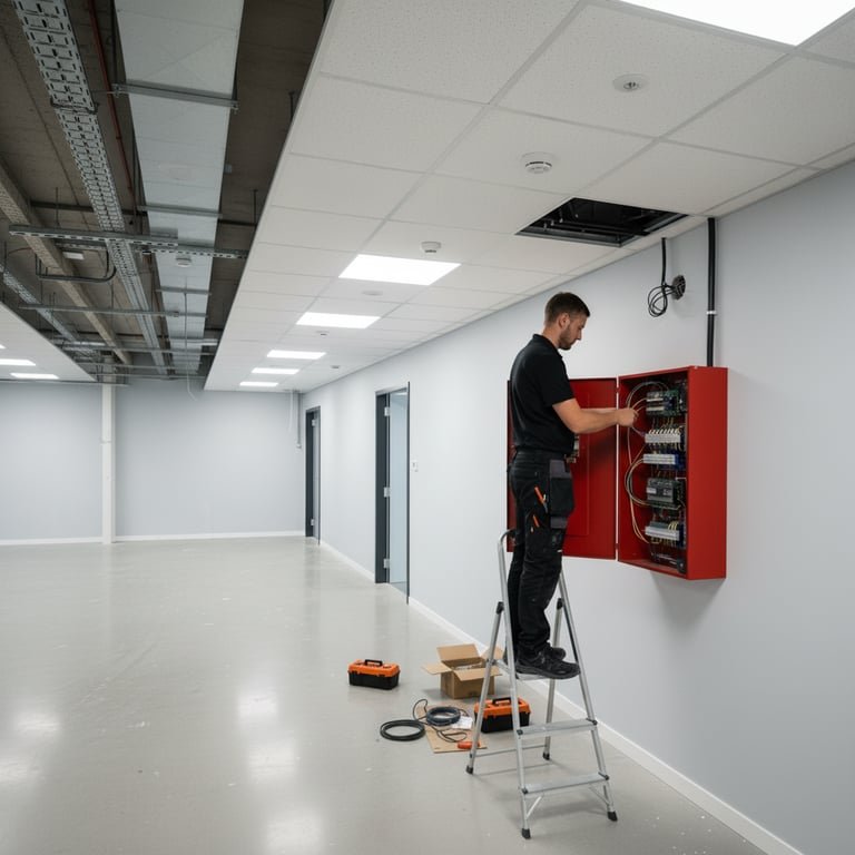 Fire alarm control panel installation by FIDEC engineer
