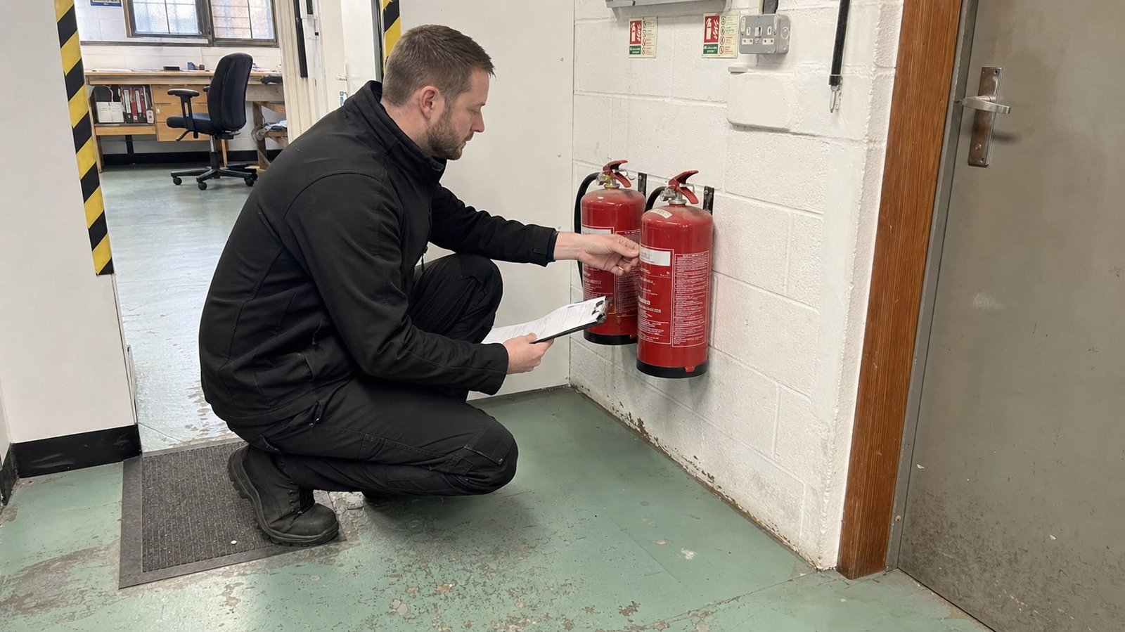Fire safety engineer checking two extinguishers in a UK workplace