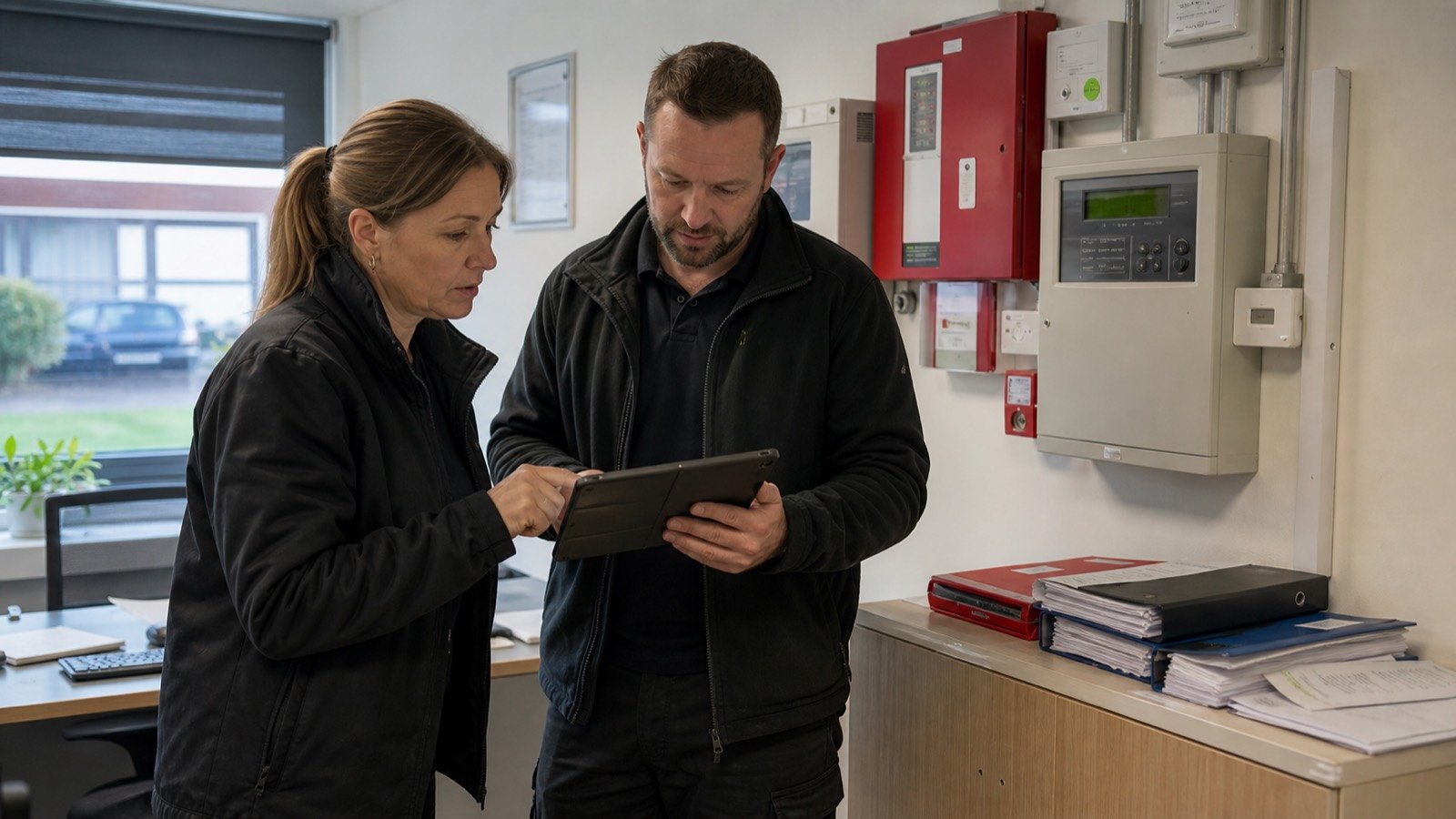 Site manager and engineer reviewing annual planned maintenance records on a tablet