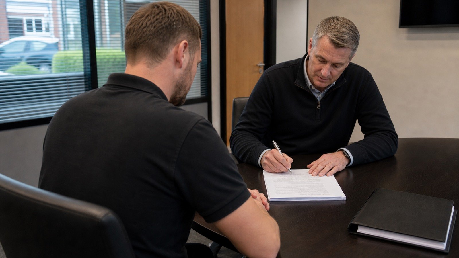 Liam signing a maintenance contract with a client in a UK office meeting room