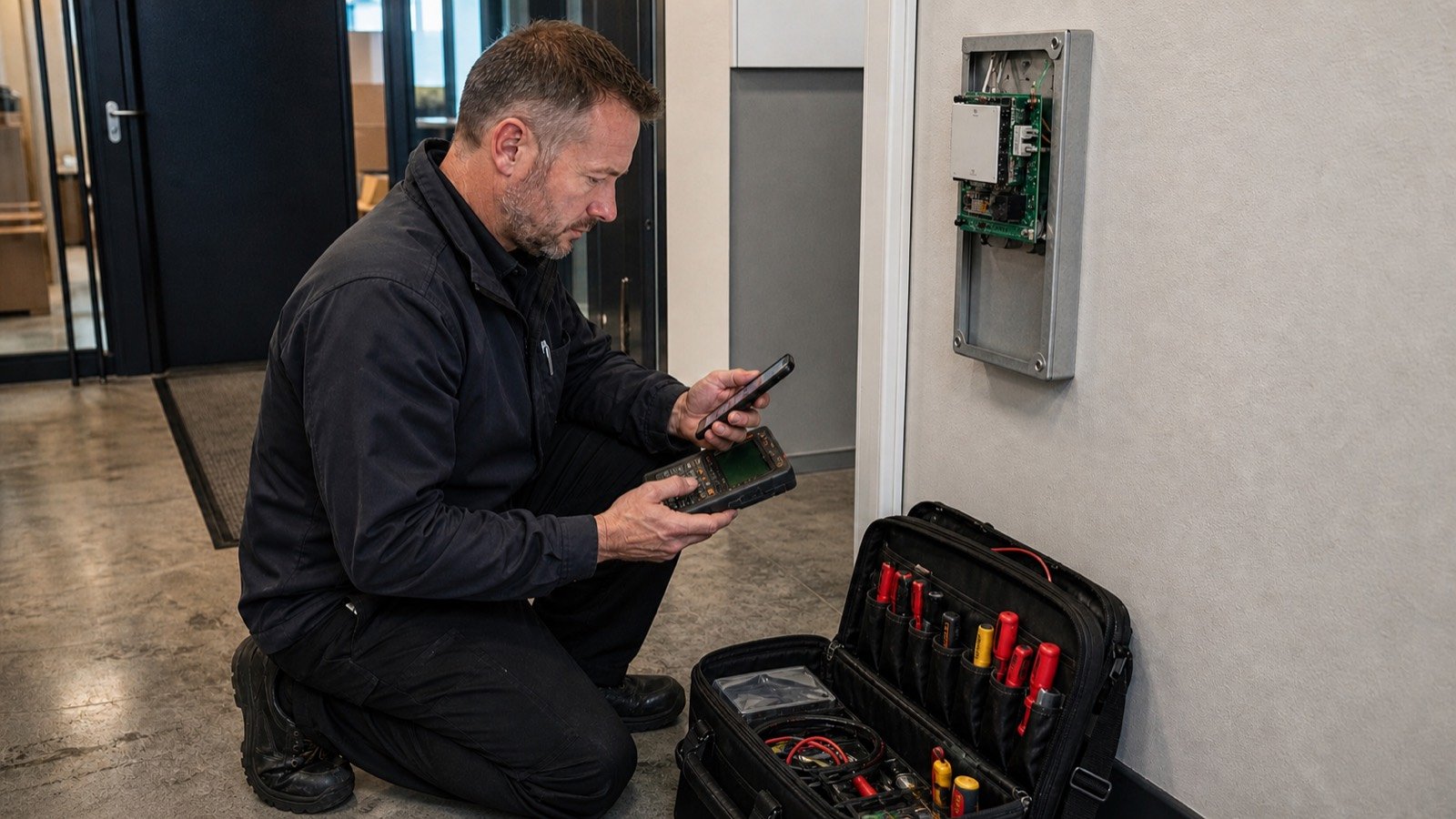 Engineer completing one-off diagnostic testing on a commercial alarm interface