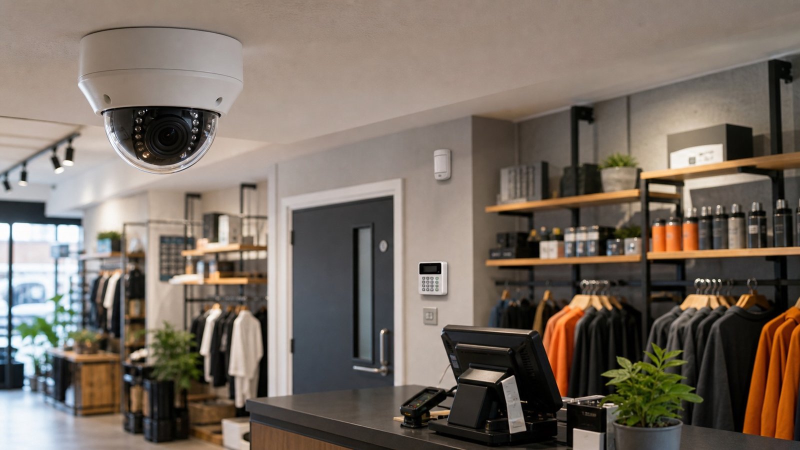 Casual shop photo showing a retail CCTV camera, burglar alarm keypad, and shop counter