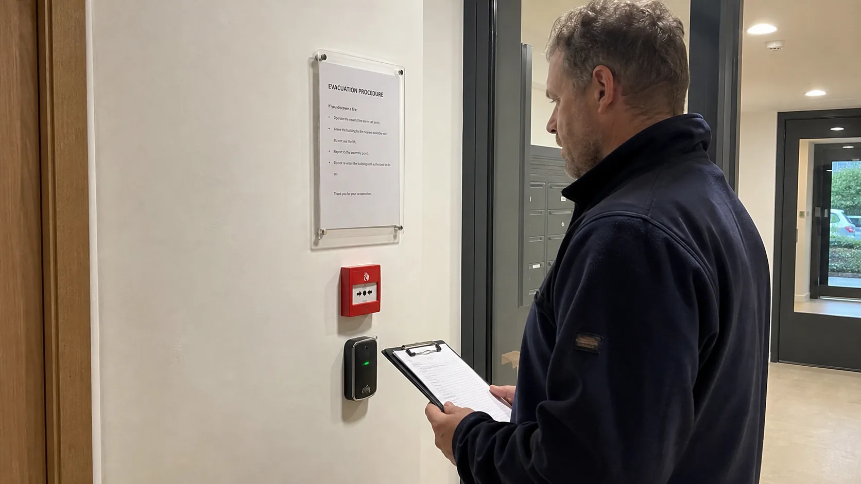 Facilities manager reviewing evacuation records near fire alarm and access control door